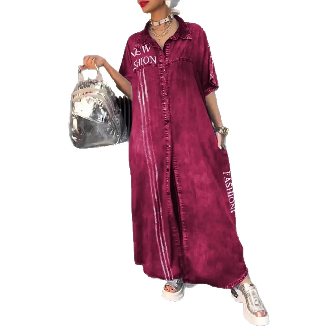 Denim Dress Women Long Dresses Letter Print Vestidos Single Breasted