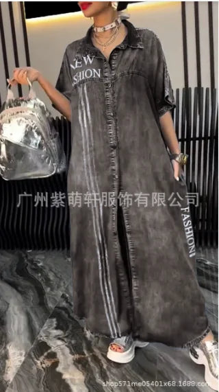 Denim Dress Women Long Dresses Letter Print Vestidos Single Breasted