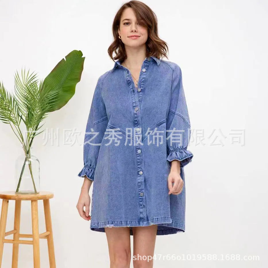 Pink Denim Dresses for Women Vintage Robe Loose