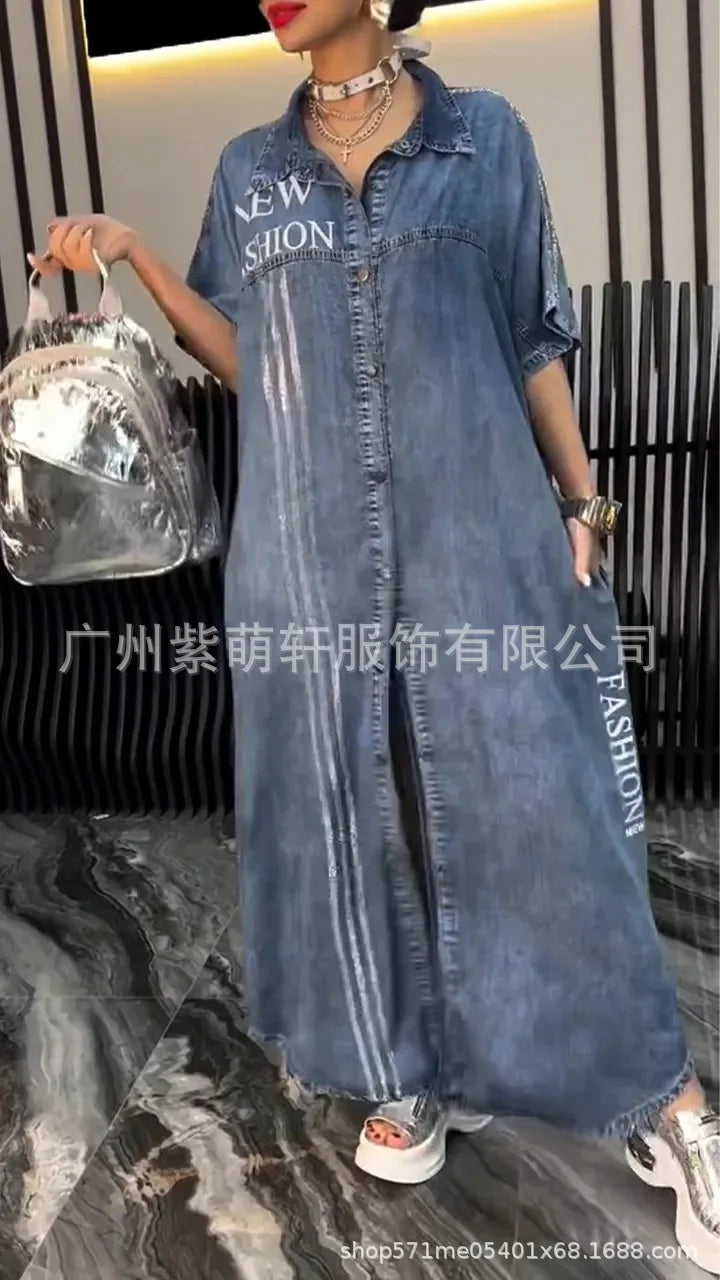 Denim Dress Women Long Dresses Letter Print Vestidos Single Breasted