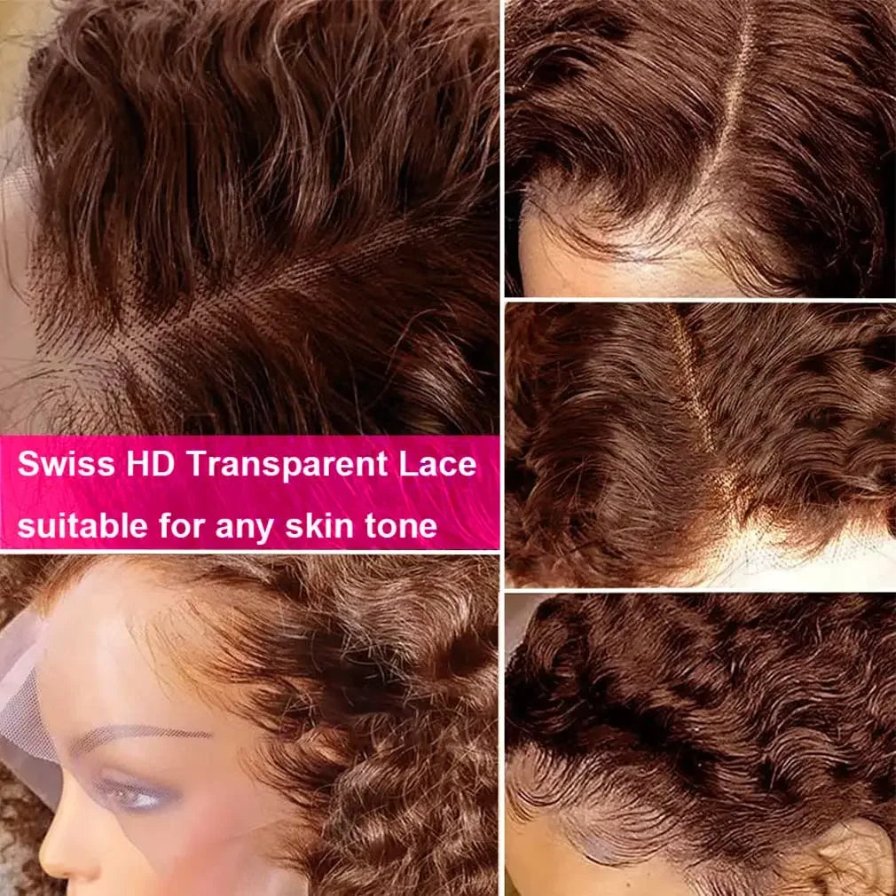 Colored Chocolate Brown Curly 13x4 Lace Front Human Hair Wig Brazilian Deep Wave 13x6 Transparent Lace Frontal Wig Glueless Wigs