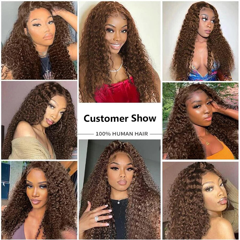 Colored Chocolate Brown Curly 13x4 Lace Front Human Hair Wig Brazilian Deep Wave 13x6 Transparent Lace Frontal Wig Glueless Wigs