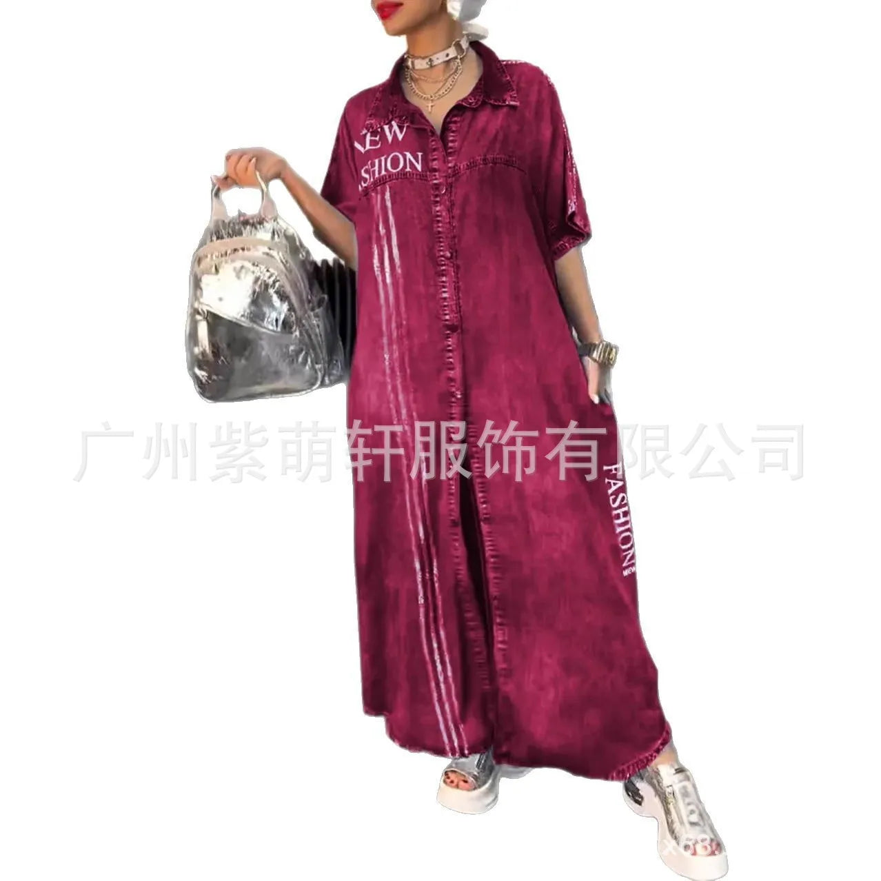 Denim Dress Women Long Dresses Letter Print Vestidos Single Breasted