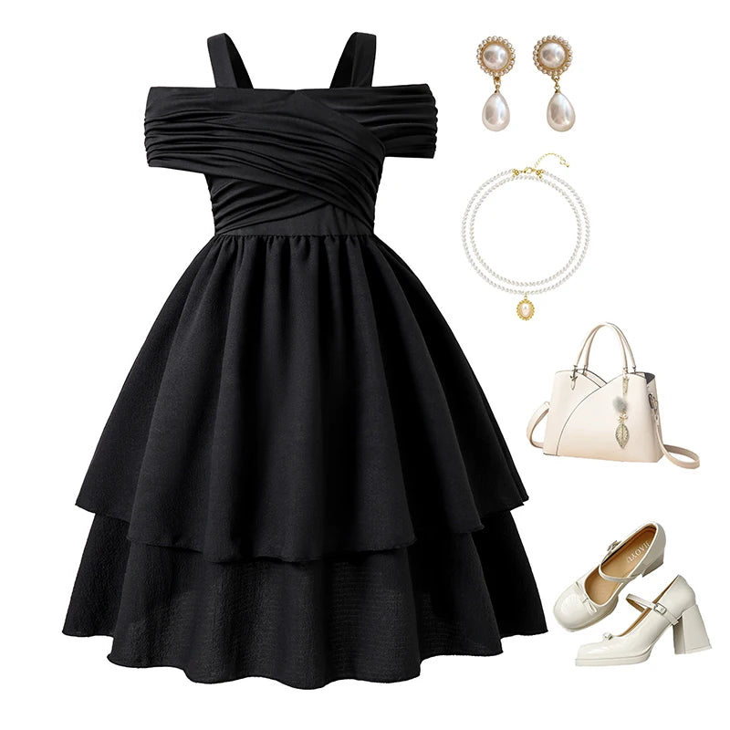 Black Dress For Kids Girls Off-the-Shoulder