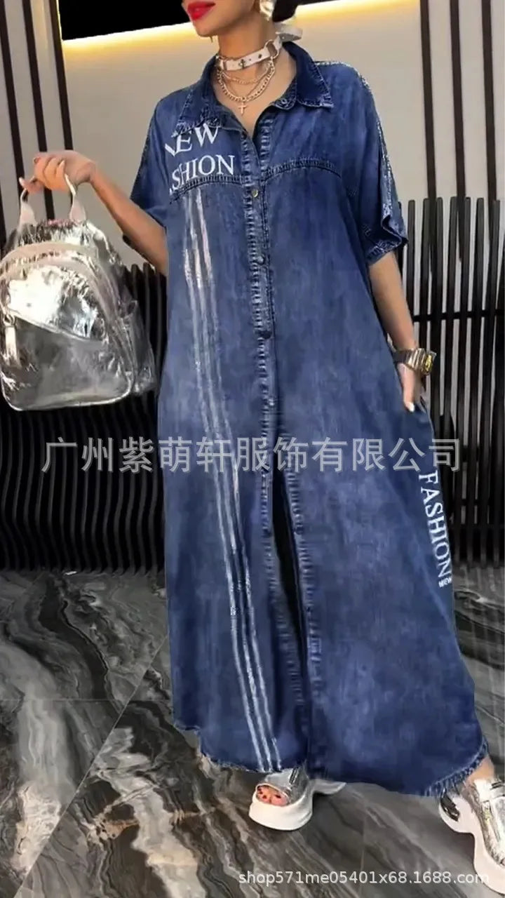 Denim Dress Women Long Dresses Letter Print Vestidos Single Breasted