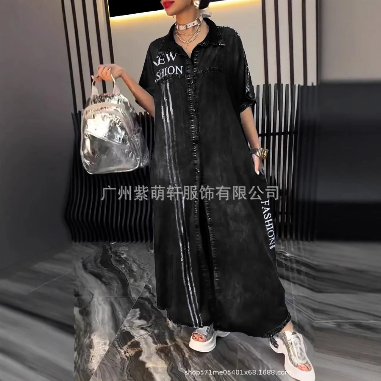 Denim Dress Women Long Dresses Letter Print Vestidos Single Breasted