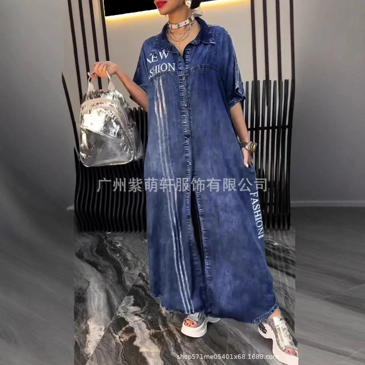 Denim Dress Women Long Dresses Letter Print Vestidos Single Breasted