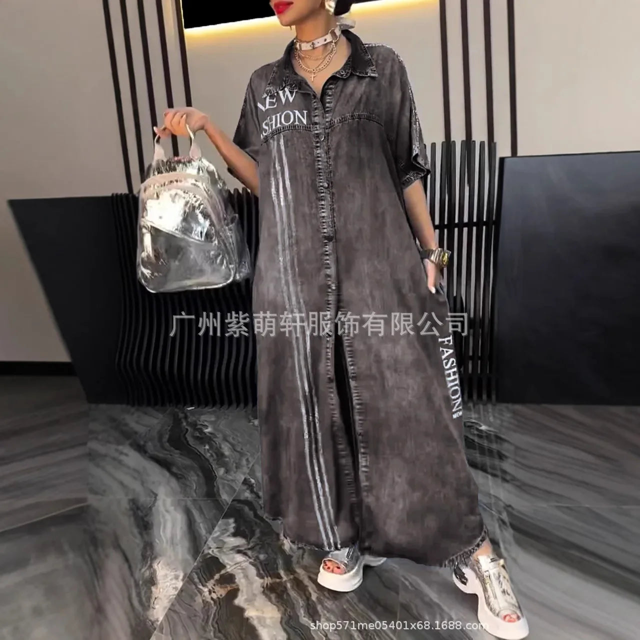 Denim Dress Women Long Dresses Letter Print Vestidos Single Breasted