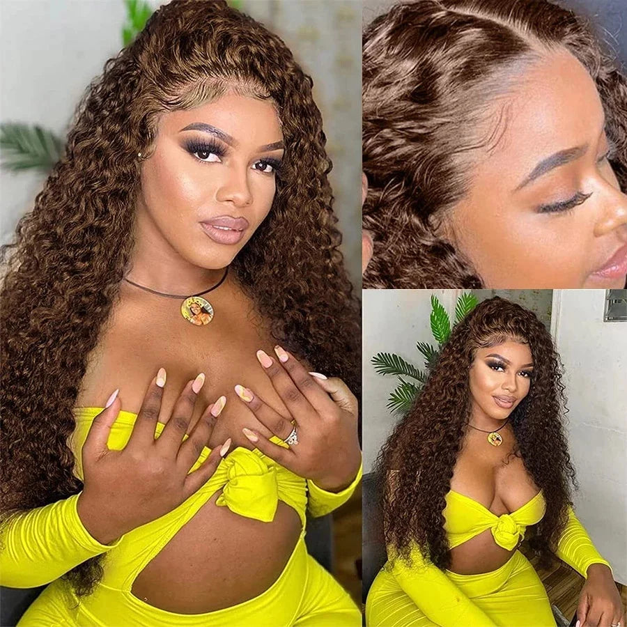 Colored Chocolate Brown Curly 13x4 Lace Front Human Hair Wig Brazilian Deep Wave 13x6 Transparent Lace Frontal Wig Glueless Wigs