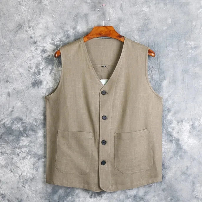 Men's Vest Dress Linen Cotton Waistcoat Jacket Male