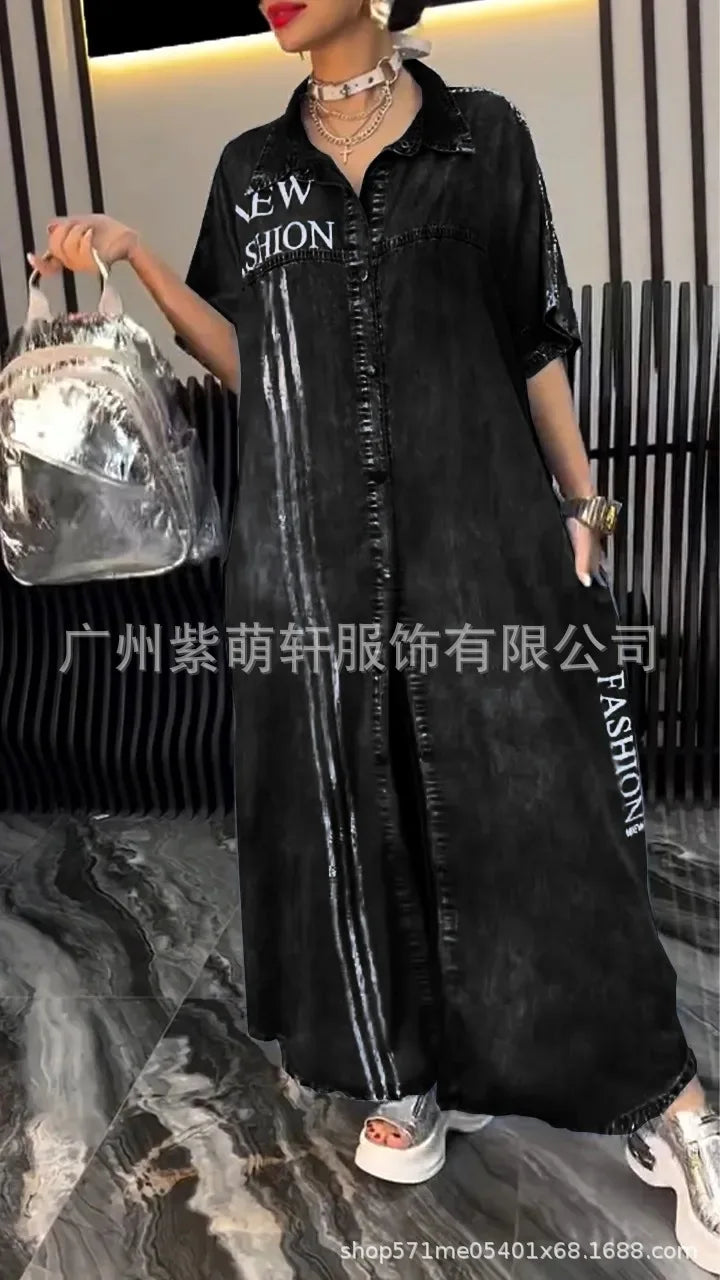 Denim Dress Women Long Dresses Letter Print Vestidos Single Breasted