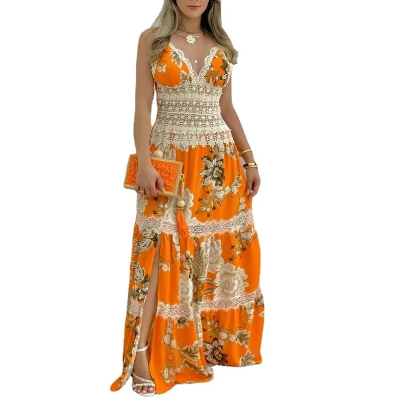 Sexy Slip Dress for Women Elegant Floral Print Muslim Abaya Fashion Holiday Robe Casual Sleeveless Maxi Sundress Islamic Clothes