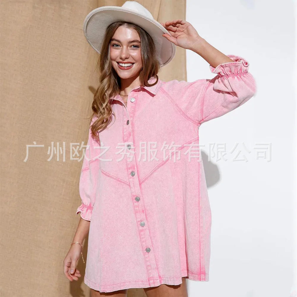 Pink Denim Dresses for Women Vintage Robe Loose