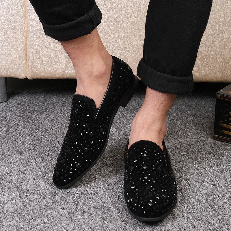 Shoes for Men Luxury Pointed Toe Black Loafers Denim Metal
