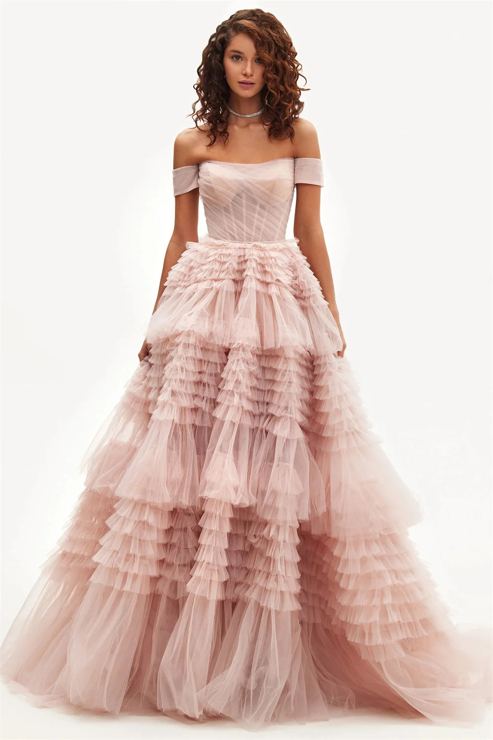 Off-the-shoulder Layered Prom Dresses Pink Tulle Ruffle