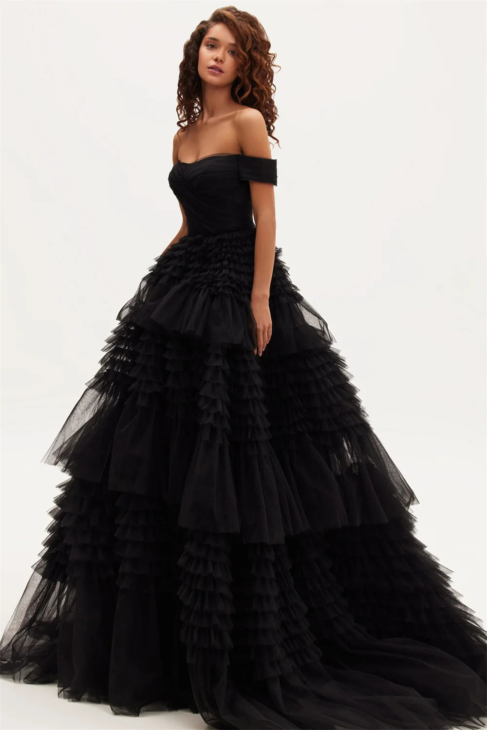 Off-the-shoulder Layered Prom Dresses Pink Tulle Ruffle