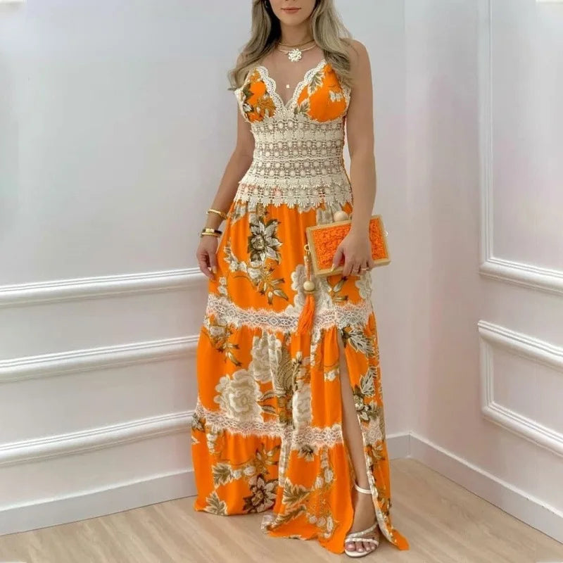 Sexy Slip Dress for Women Elegant Floral Print Muslim Abaya Fashion Holiday Robe Casual Sleeveless Maxi Sundress Islamic Clothes