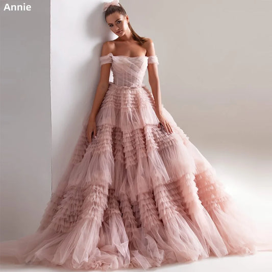 Off-the-shoulder Layered Prom Dresses Pink Tulle Ruffle