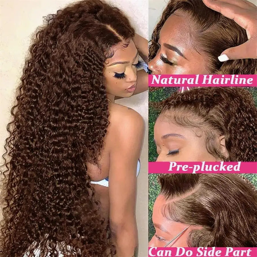 Colored Chocolate Brown Curly 13x4 Lace Front Human Hair Wig Brazilian Deep Wave 13x6 Transparent Lace Frontal Wig Glueless Wigs