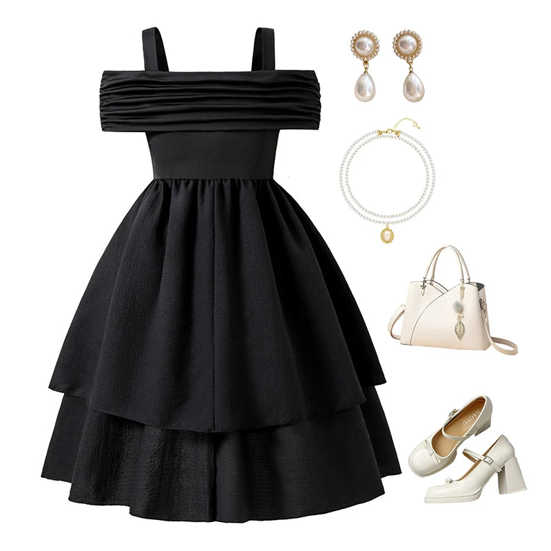 Black Dress For Kids Girls Off-the-Shoulder