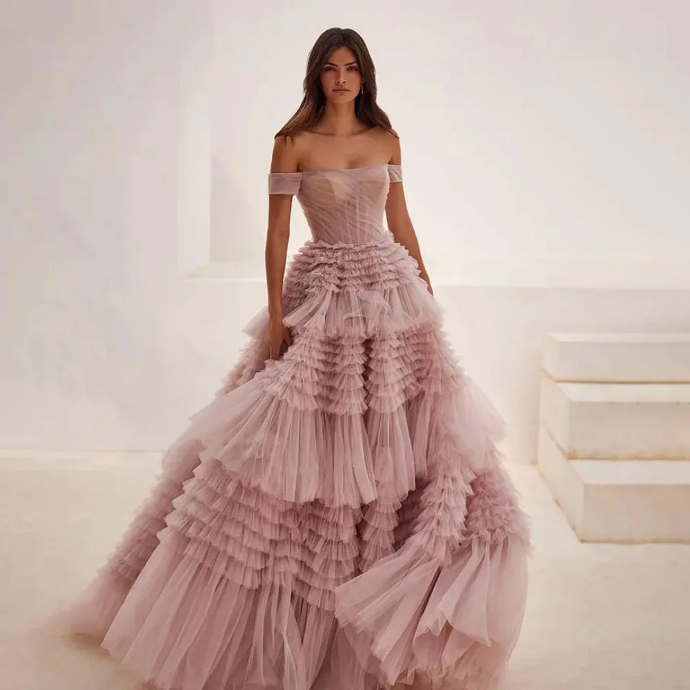 Off-the-shoulder Layered Prom Dresses Pink Tulle Ruffle