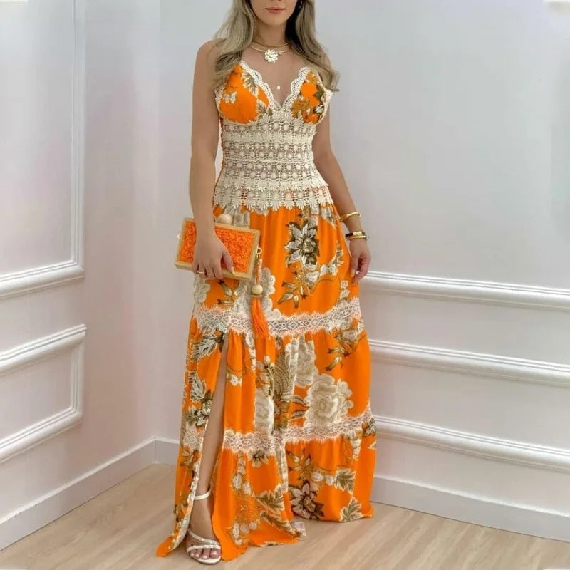 Sexy Slip Dress for Women Elegant Floral Print Muslim Abaya Fashion Holiday Robe Casual Sleeveless Maxi Sundress Islamic Clothes