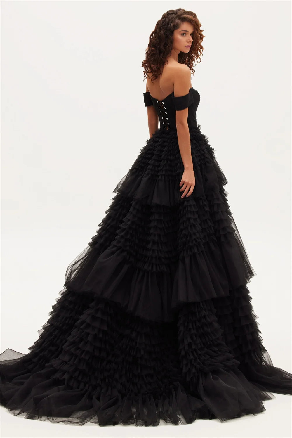 Off-the-shoulder Layered Prom Dresses Pink Tulle Ruffle