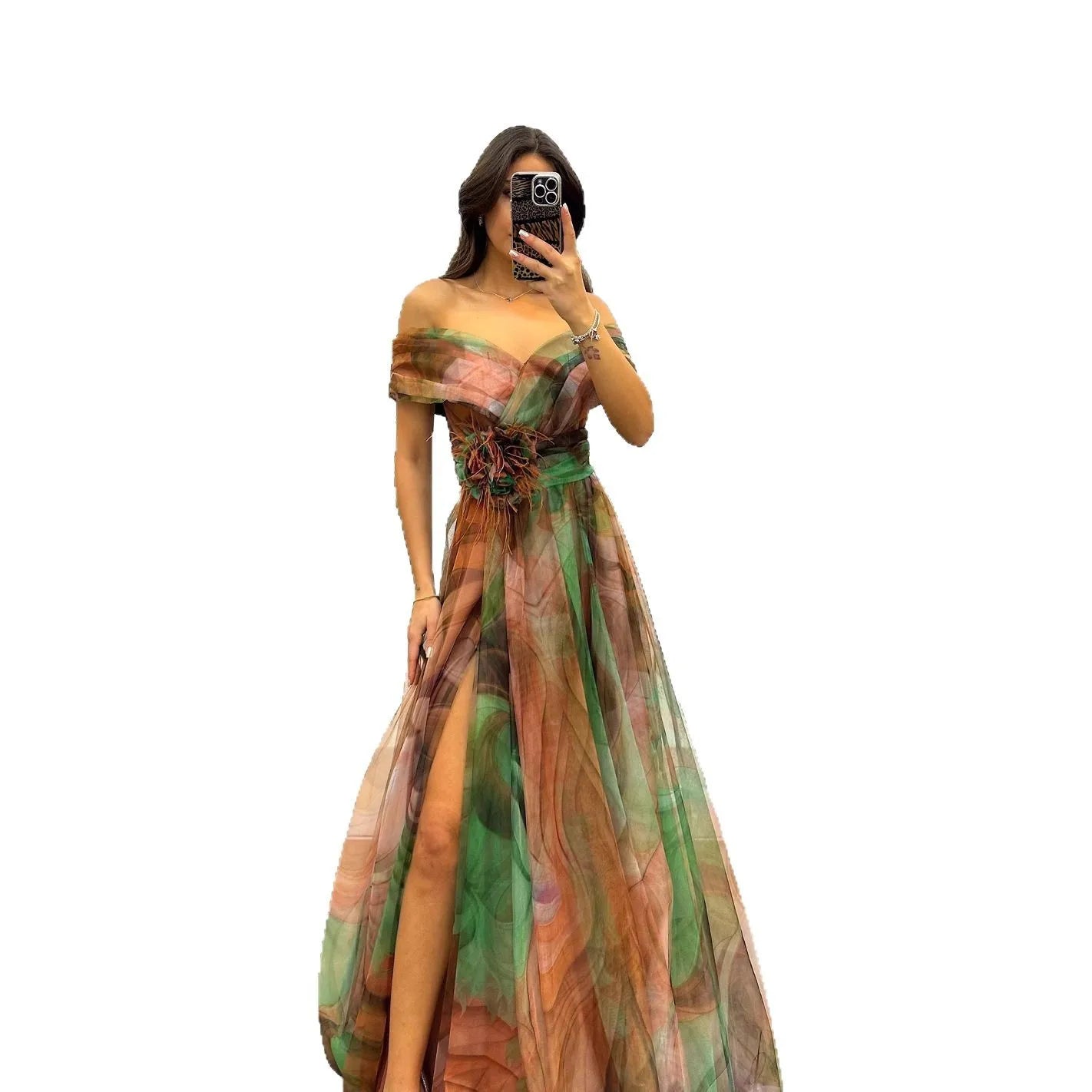 Elegant Formal Party Dress Elegant  Tie-dye Ball Gown with Mesh Bubble Sleeves Split Hem Women's Evening Dress