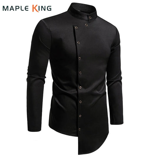 Mens Dress Shirts Vintage Personality Irregular Crop Long Sleeve