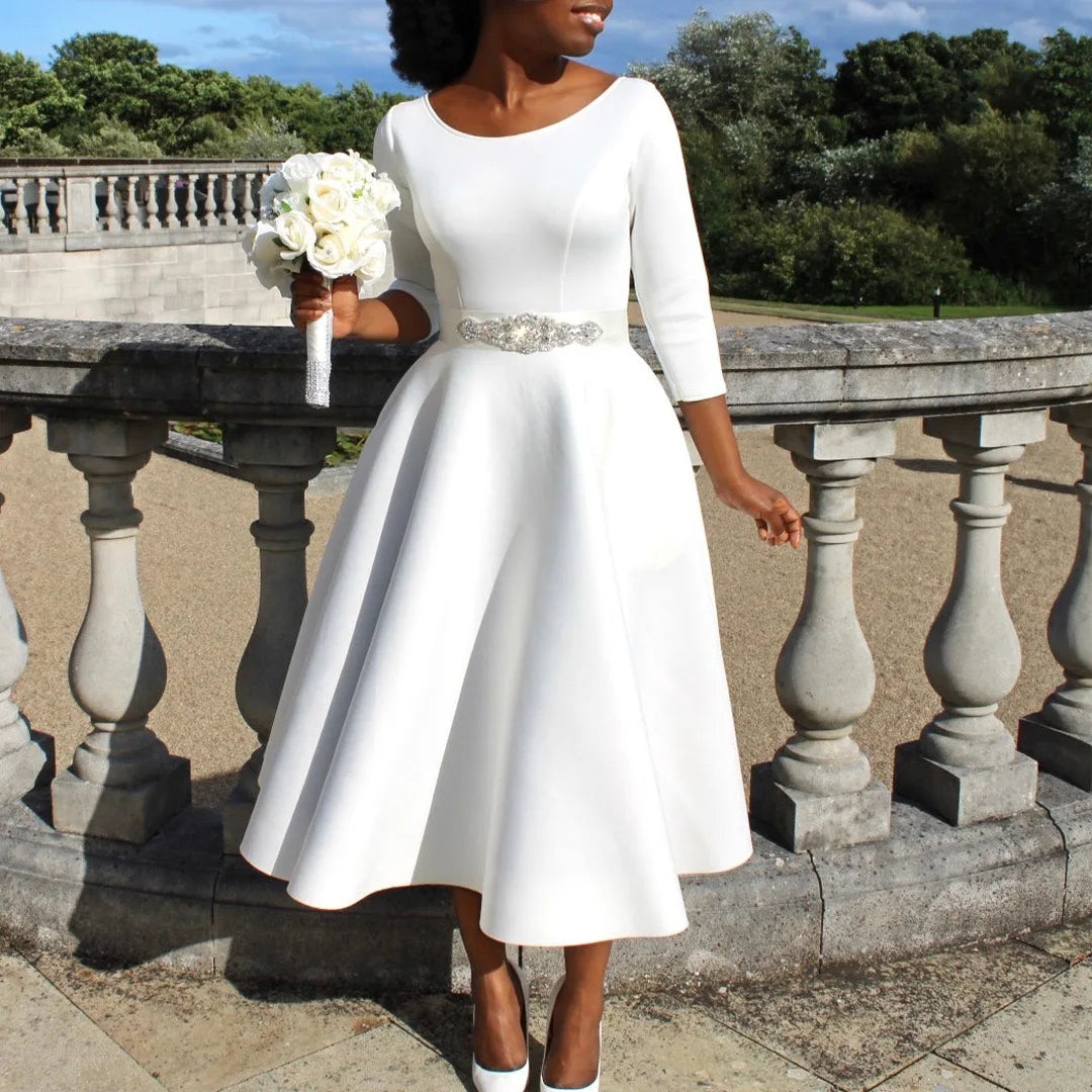 Elegant Party Dress for Woman Modern O Neck Three Quarter Sleeve