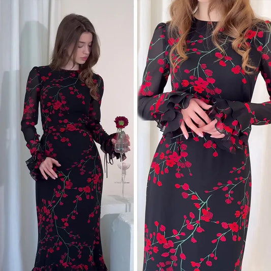 Women's Evening Dresses Summer New Printed French Floral Slim-fitting