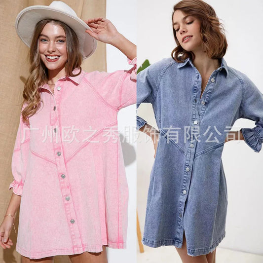 Pink Denim Dresses for Women Vintage Robe Loose