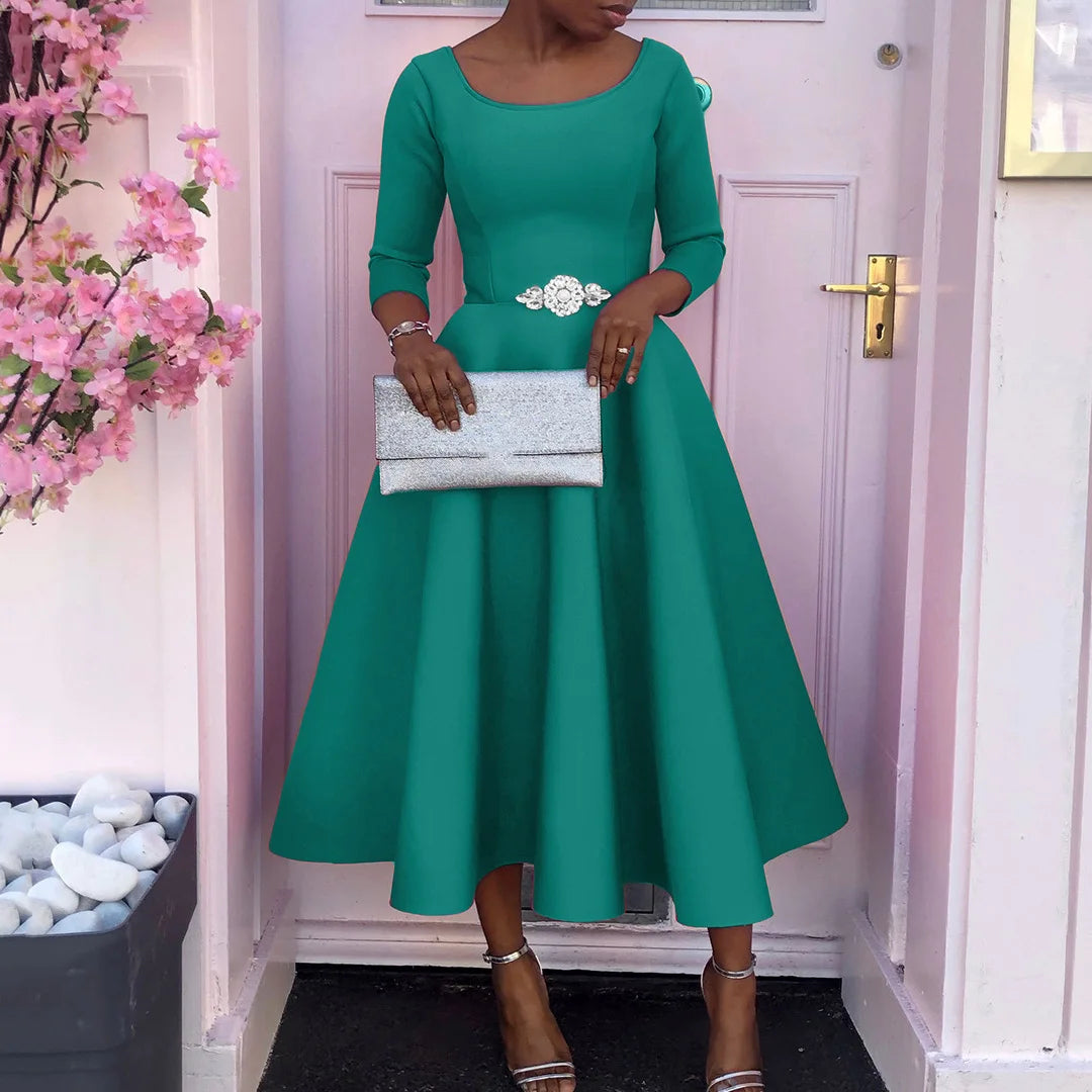 Elegant Party Dress for Woman Modern O Neck Three Quarter Sleeve