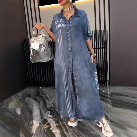 Denim Dress Women Long Dresses Letter Print Vestidos Single Breasted