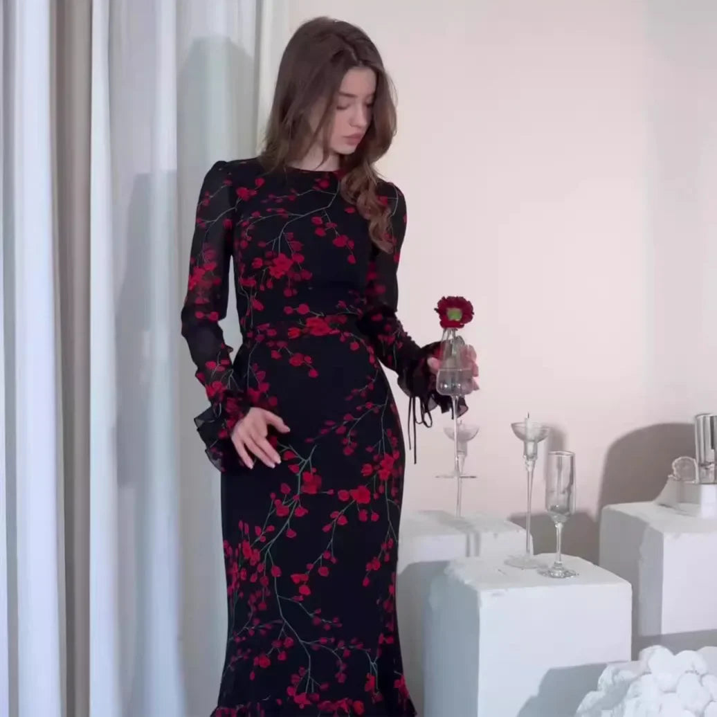 Women's Evening Dresses Summer New Printed French Floral Slim-fitting