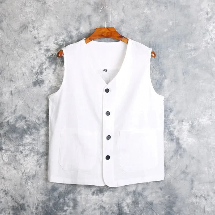 Men's Vest Dress Linen Cotton Waistcoat Jacket Male