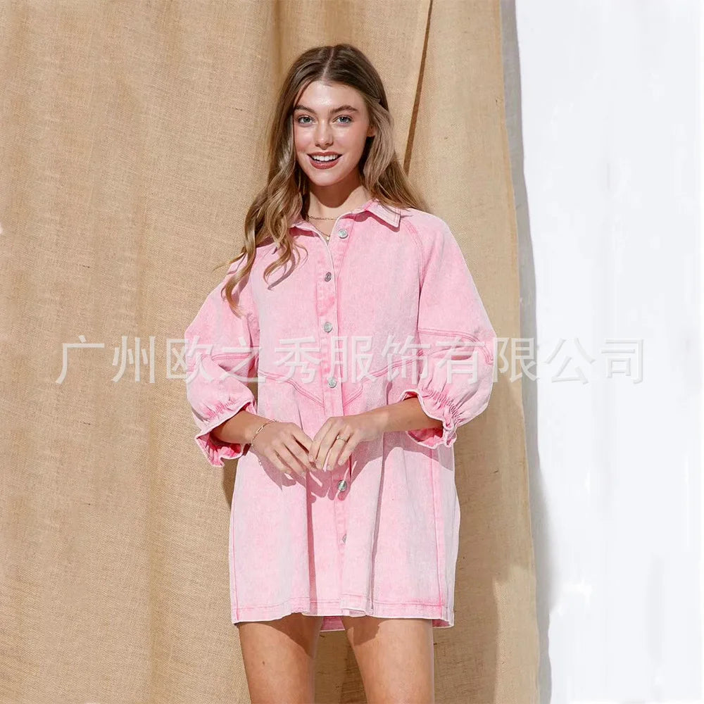 Pink Denim Dresses for Women Vintage Robe Loose