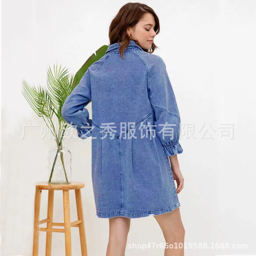 Pink Denim Dresses for Women Vintage Robe Loose