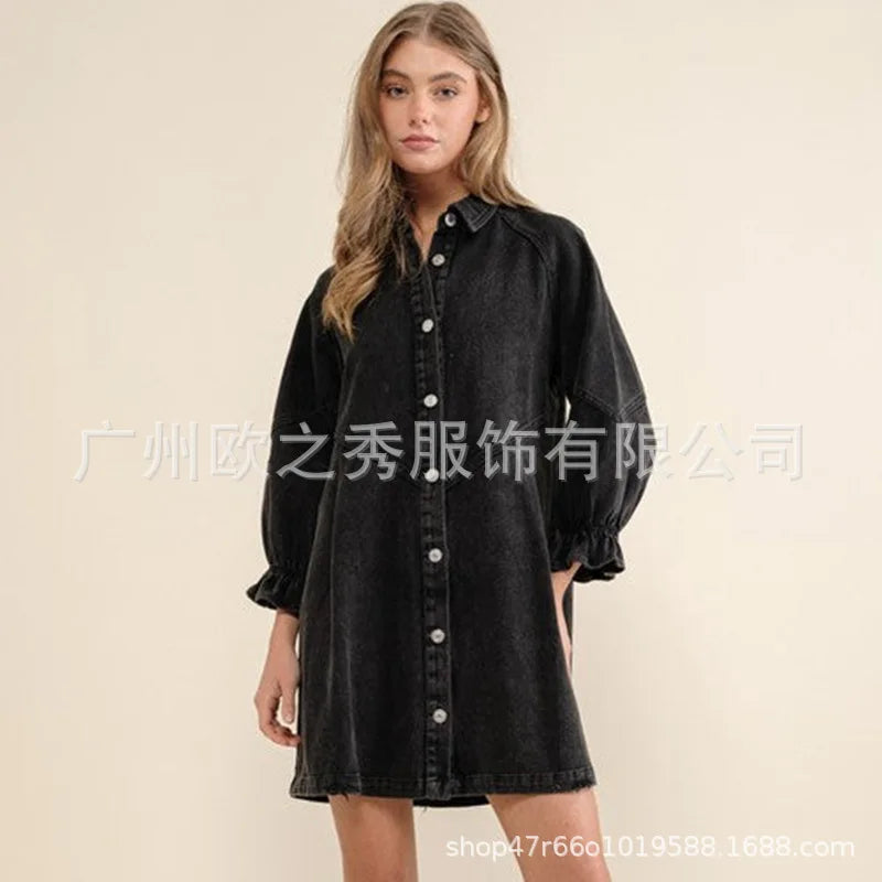 Pink Denim Dresses for Women Vintage Robe Loose