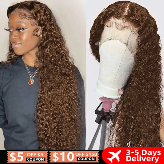 Colored Chocolate Brown Curly 13x4 Lace Front Human Hair Wig Brazilian Deep Wave 13x6 Transparent Lace Frontal Wig Glueless Wigs