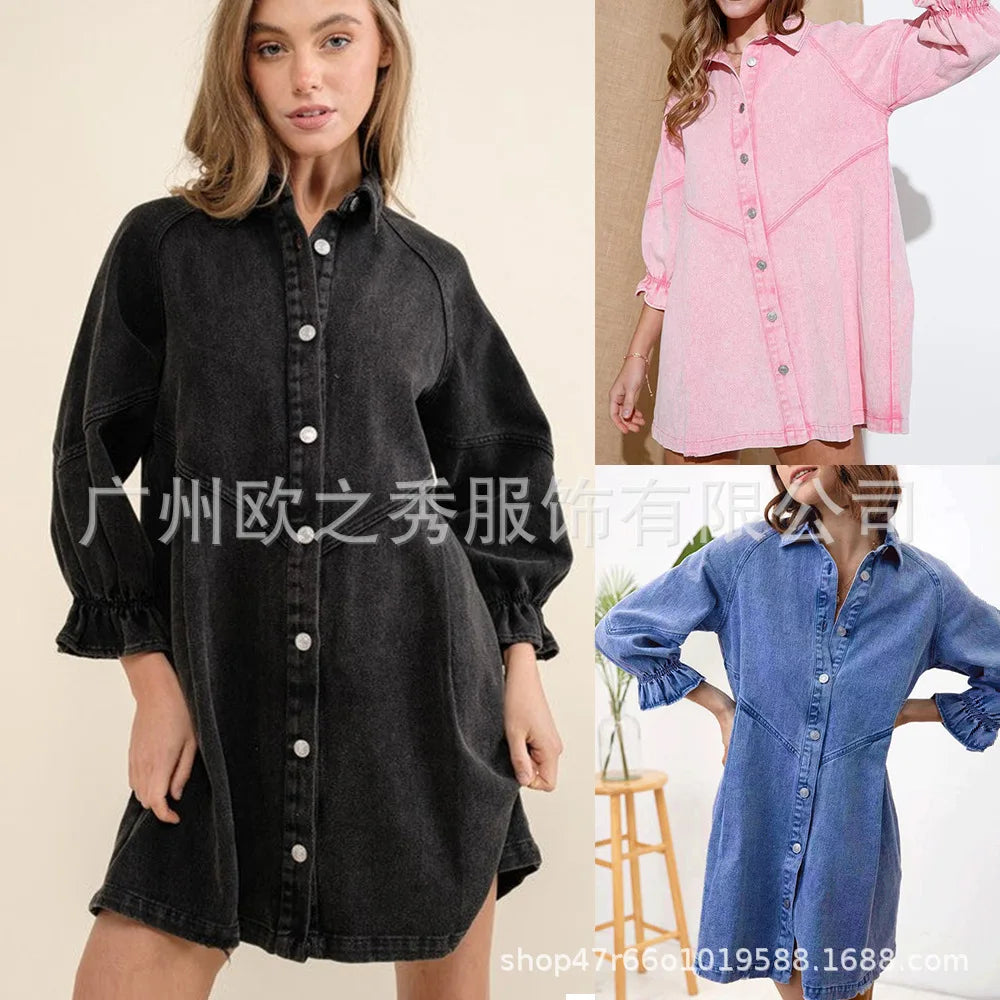 Pink Denim Dresses for Women Vintage Robe Loose