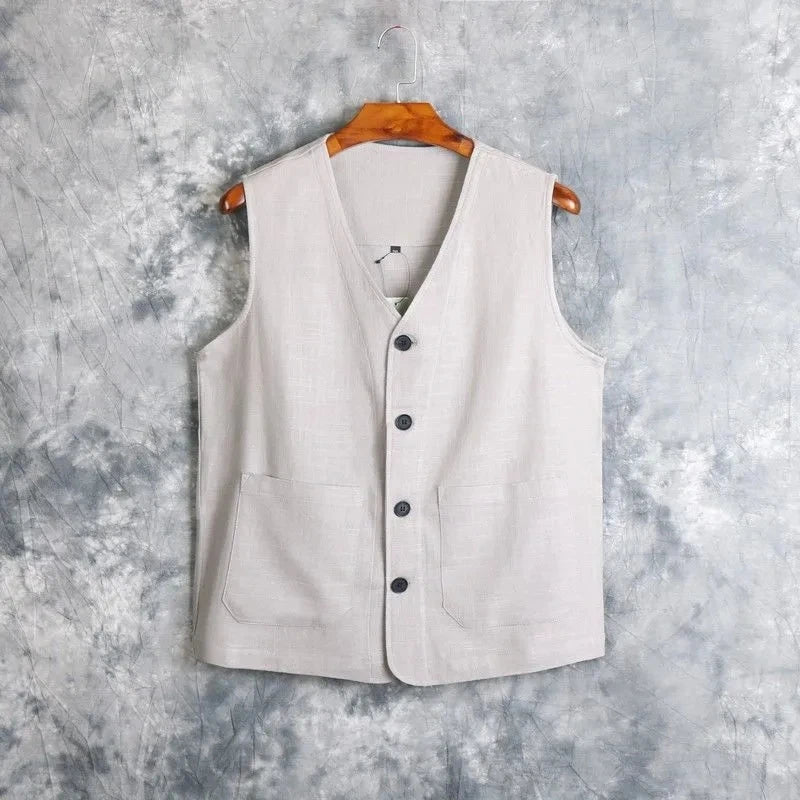 Men's Vest Dress Linen Cotton Waistcoat Jacket Male