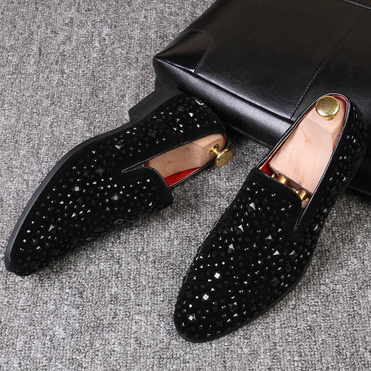 Shoes for Men Luxury Pointed Toe Black Loafers Denim Metal