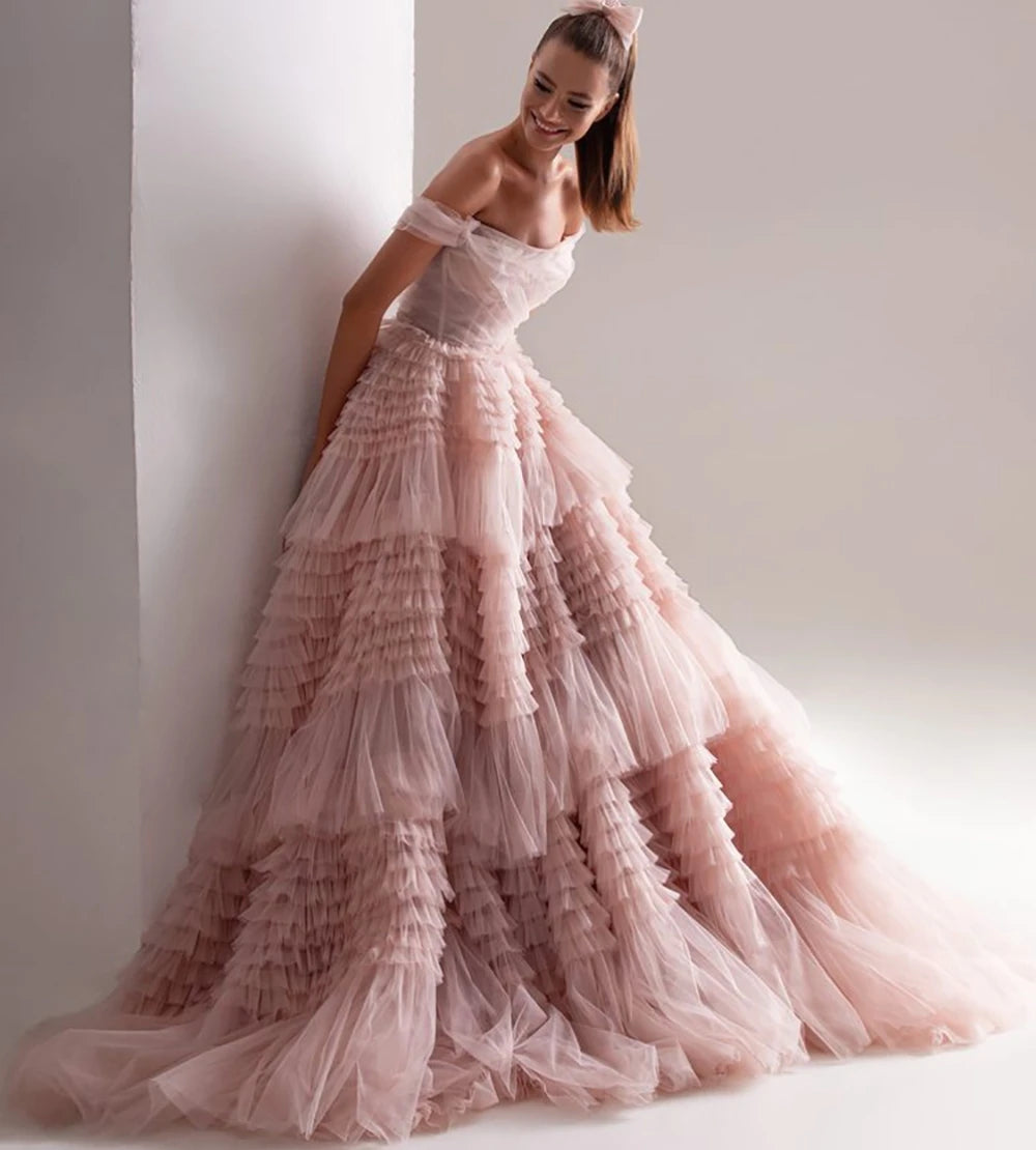 Off-the-shoulder Layered Prom Dresses Pink Tulle Ruffle