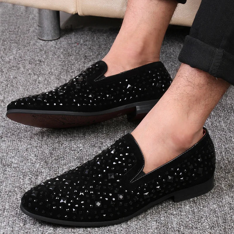 Shoes for Men Luxury Pointed Toe Black Loafers Denim Metal