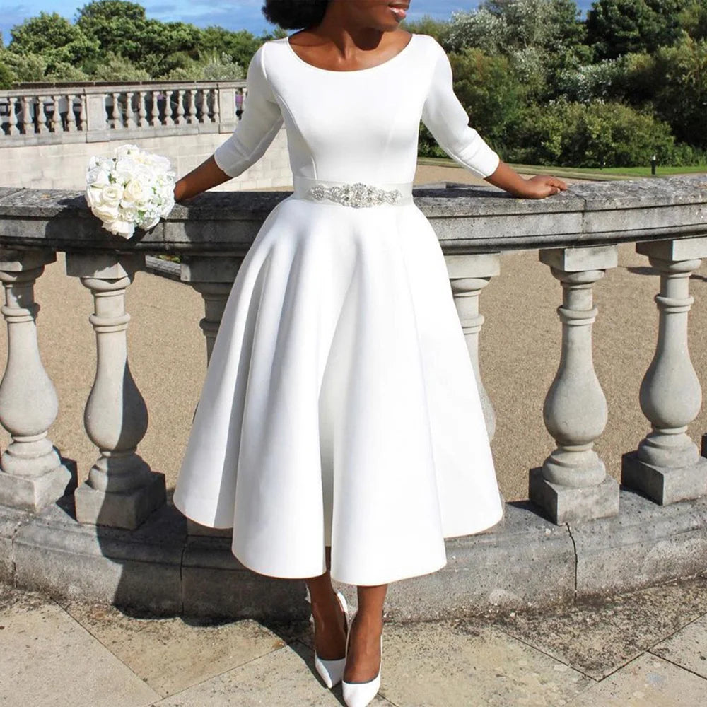 Elegant Party Dress for Woman Modern O Neck Three Quarter Sleeve