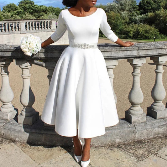 Elegant Party Dress for Woman Modern O Neck Three Quarter Sleeve