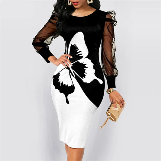 Women Fashion Elegant Print Bodycon Dress Summer Vintage Sexy V Neck Lace