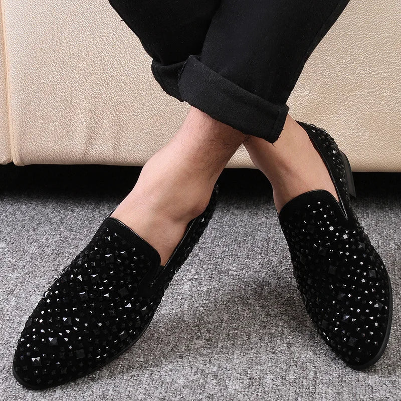 Shoes for Men Luxury Pointed Toe Black Loafers Denim Metal