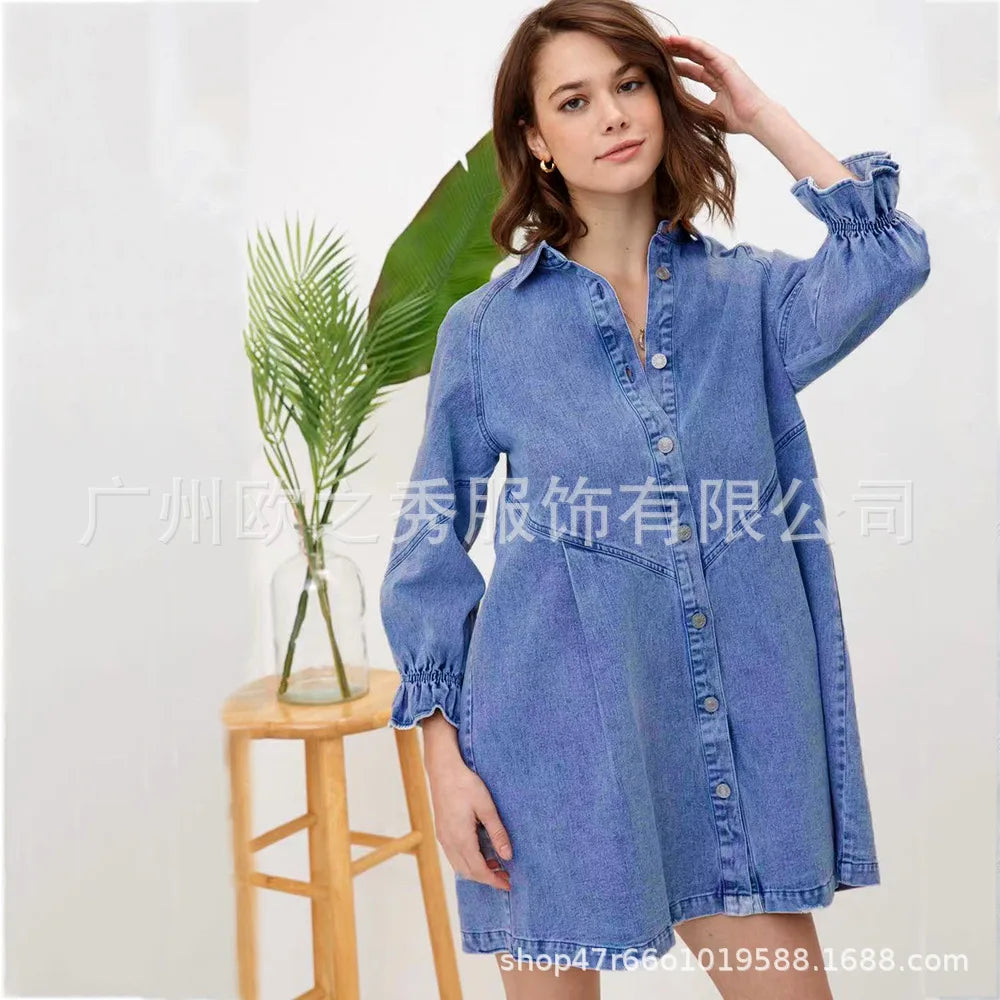 Pink Denim Dresses for Women Vintage Robe Loose